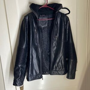 Black faux leather jacket with sweatshirt style hood